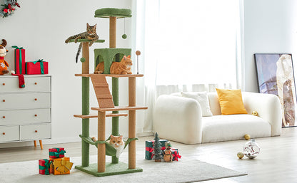 Mwpo キャットタワー クリスマス限定 キャットタワー シンプル 大きいハンモック キャットランド 据え置き スリム設計 ベッド 人気 多頭飼い (高さ162cm) 麻紐 130H