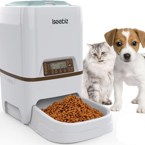 Iseebiz 自動給餌器 猫 犬用ペット自動餌やり機 5L大容量 1日4食で最大20日連続自動給餌 タイマー式 録音可 水洗い可能 猫/犬/うさぎなど対応 留守も安心ペットフードオートフィーダー 日本語説明書付 ホワイト