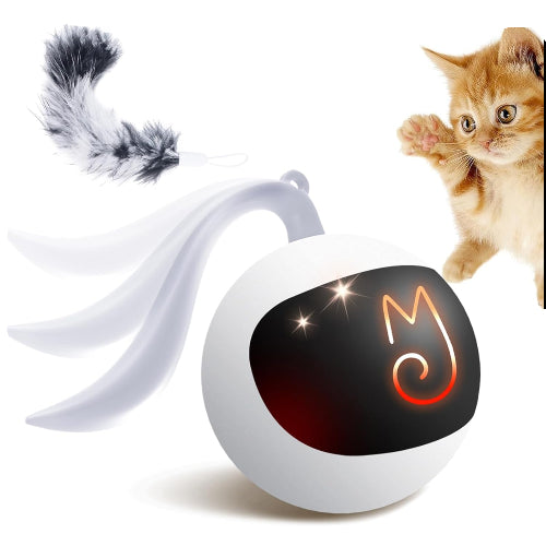 ミギポーズ（Migipaws） 猫 おもちゃ 自動 ねこのおもちゃ しっぽ付き 電動 人気 一人遊び ネコ 遊び道具 cat toy 室内用 猫運動不足解消グッズ 羽根とぬいぐるみ付き おいかけっボール（ホワイト）