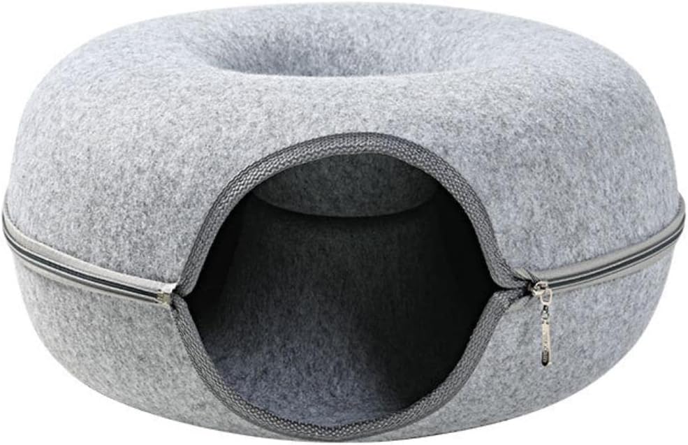 60*28CM 猫ドーナツ 猫用ベッド ねこちぐら キャットドーナツ 猫トンネル 取り外し可能 洗える猫用ベッド 小型犬に適したベッド 屋内用 猫トンネル (グレーL)