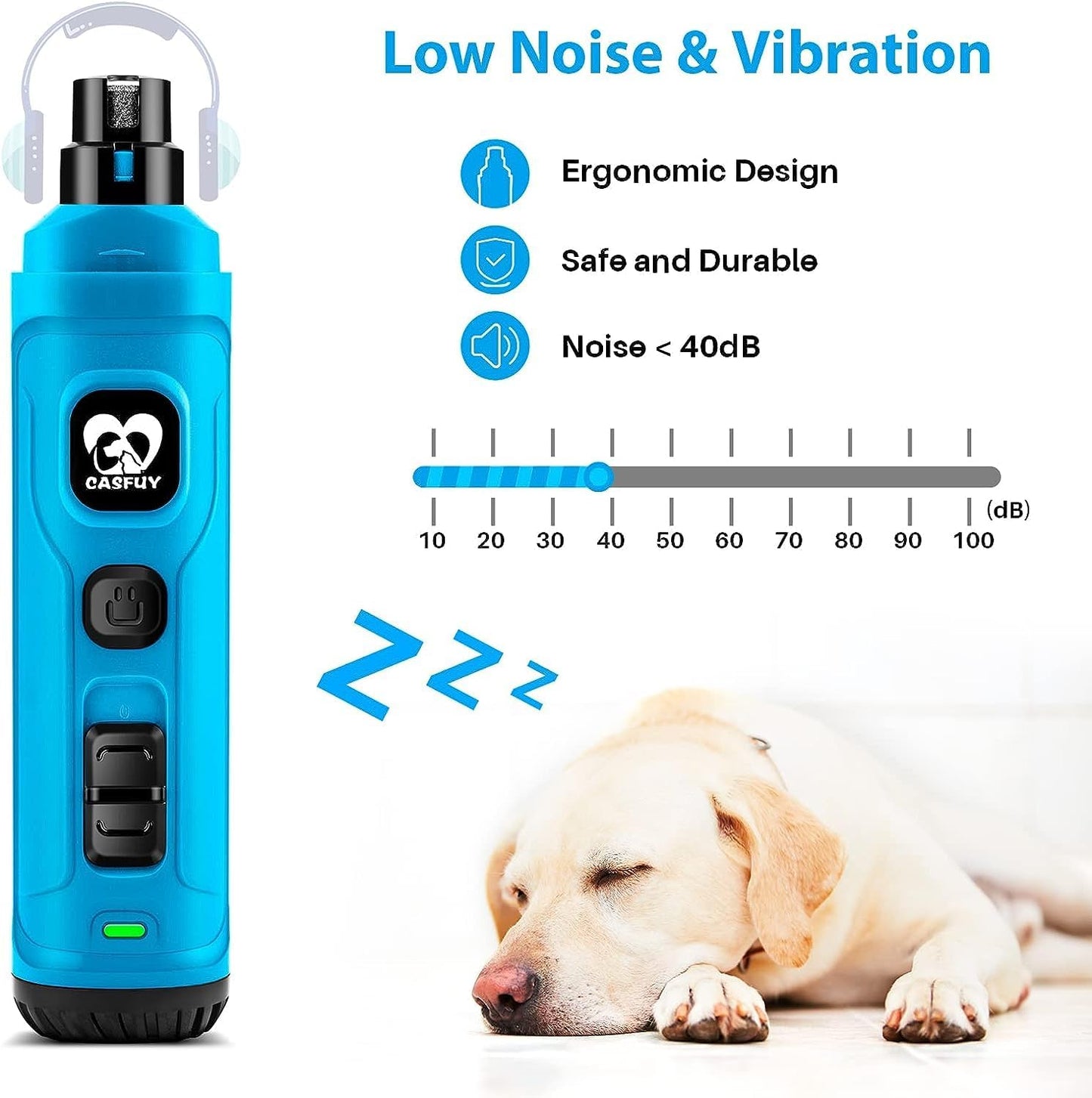 Casfuy犬爪切り電動ー 2つのLEDライト付き - 新バージョン 2スピード 強力な電動ペット用爪切り プロフェッショナル 静かで痛みのない足のグルーミングとスムージング 小中大型犬と猫用