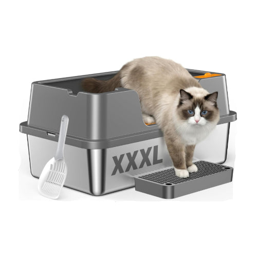 OROLEY ステンレス製 猫トイレ XXXL 大型猫対応 深型 ハイサイド設計 飛び散り防止 オープンタイプ 清潔 防臭 お手入れ簡単 丈夫 サイズ(約):60×40×27cm 足踏み台・スコップ付き