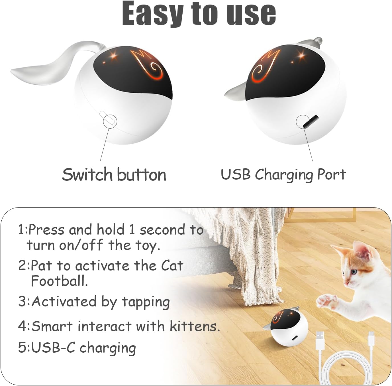 ミギポーズ（Migipaws） 猫 おもちゃ 自動 ねこのおもちゃ しっぽ付き 電動 人気 一人遊び ネコ 遊び道具 cat toy 室内用 猫運動不足解消グッズ 羽根とぬいぐるみ付き おいかけっボール（ホワイト）