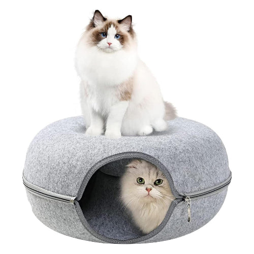 60*28CM 猫ドーナツ 猫用ベッド ねこちぐら キャットドーナツ 猫トンネル 取り外し可能 洗える猫用ベッド 小型犬に適したベッド 屋内用 猫トンネル (グレーL)
