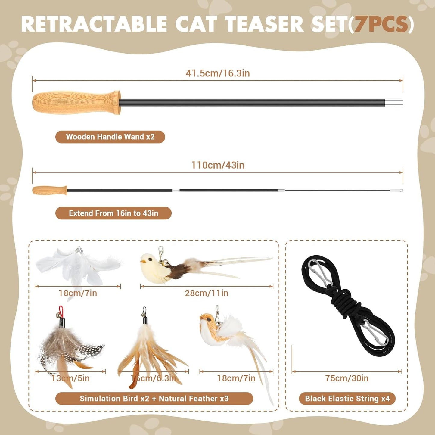 ROSAUI 伸縮式猫おもちゃ竿セット - 3段階調整可能、最大107cm、木製ハンドル、4本の弾力性ストラップ付き、小鳥＆羽おもちゃ付き