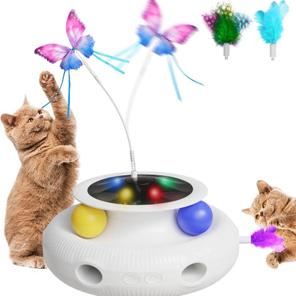 【最新型】NUYIERA 猫 玩具 一人遊び 猫 おもちゃ 4in1猫じゃらし 【蝶々回転/猫ボール/羽根飛び出し/LEDライト付き】 電動 自動 猫用 ねこ 知育玩具 ランキング 人気 飽きない 天然素材 室内 寂しさ解消 ストレス解消 運動不足対策(本体）