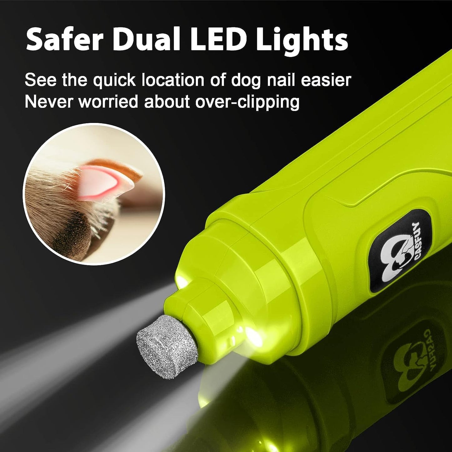 Casfuy犬爪切り電動ー 2つのLEDライト付き - 新バージョン 2スピード 強力な電動ペット用爪切り プロフェッショナル 静かで痛みのない足のグルーミングとスムージング 小中大型犬と猫用