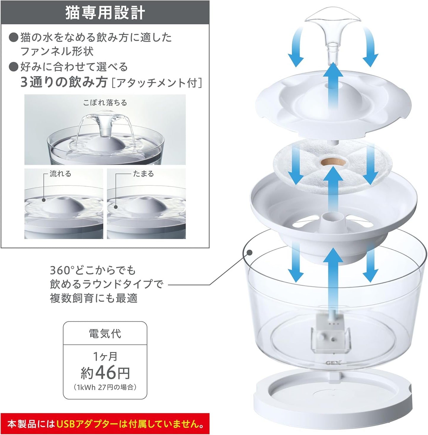 ジェックス ピュアクリスタル グラッシーR 猫用 1.5L フィルター式給水器 コードレスポンプ&タンク USB電源 静音ポンプ フィルター付き