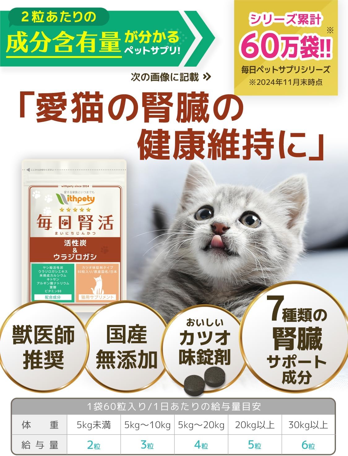 毎日腎活 猫 腎臓ケア サプリ 国産 無添加 成分量明記【7成分配合】 ヤシ殻活性炭 ウラジロガシ 腎臓サポート 尿路ケア ＜カツオ味錠剤 猫用 サプリメント １袋60粒入＞[ウィズペティ公式]