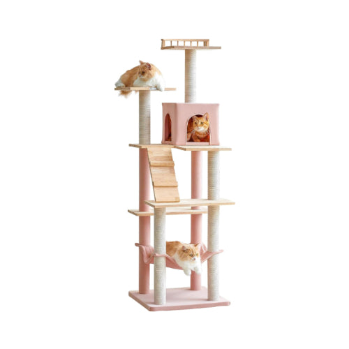 Mwpo キャットタワー 木製 キャットタワー シンプル 自然 天然木 大きいハンモック キャットランド 据え置き スリム設計 ベッド 人気 多頭飼い (高さ162cm) 綿紐 130Pro（ピンク）