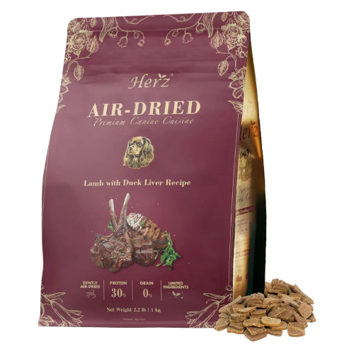 Herz エアドライ ドッグフード 1kg プレミアムカニンキュイジーヌ ラム ＆ ダックレバー レシピグレインフリー ナチュラル 高タンパク質 台湾製造 成犬用 総合栄養食