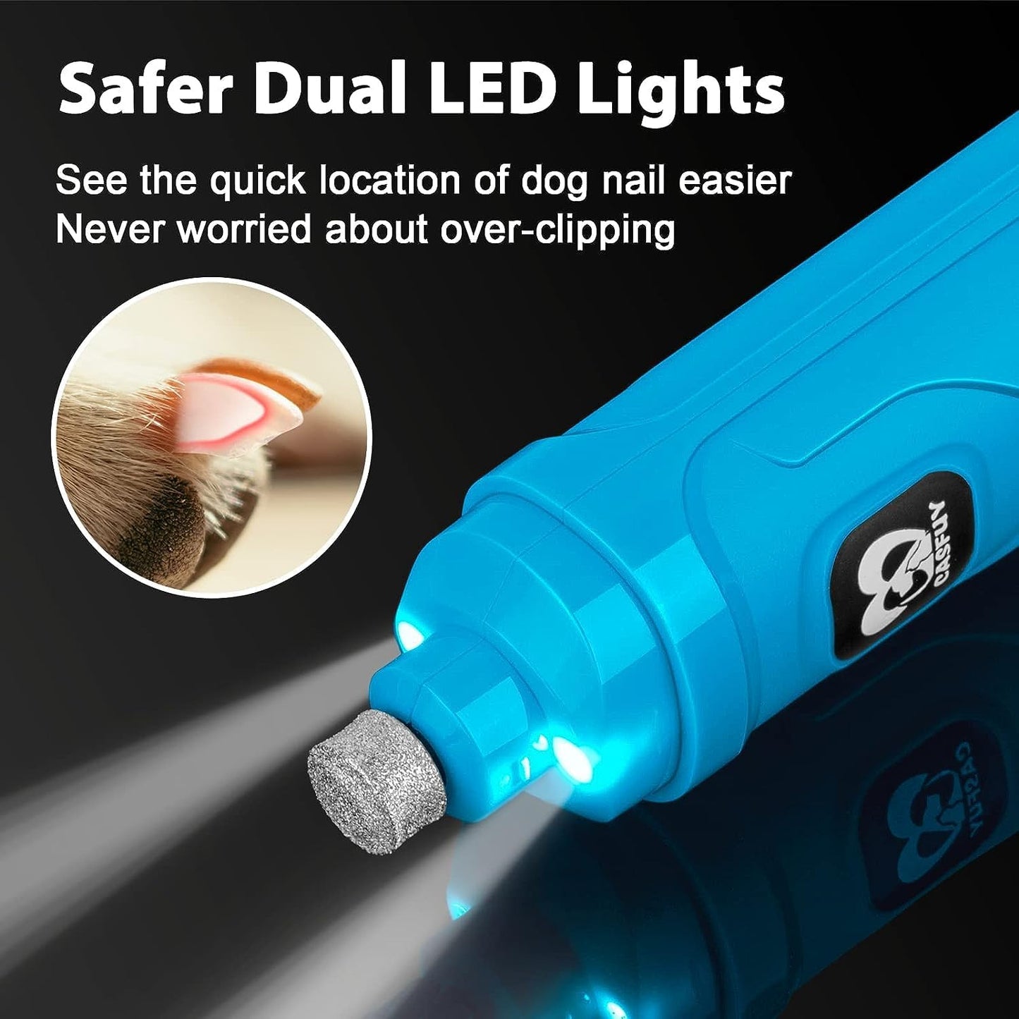 Casfuy犬爪切り電動ー 2つのLEDライト付き - 新バージョン 2スピード 強力な電動ペット用爪切り プロフェッショナル 静かで痛みのない足のグルーミングとスムージング 小中大型犬と猫用