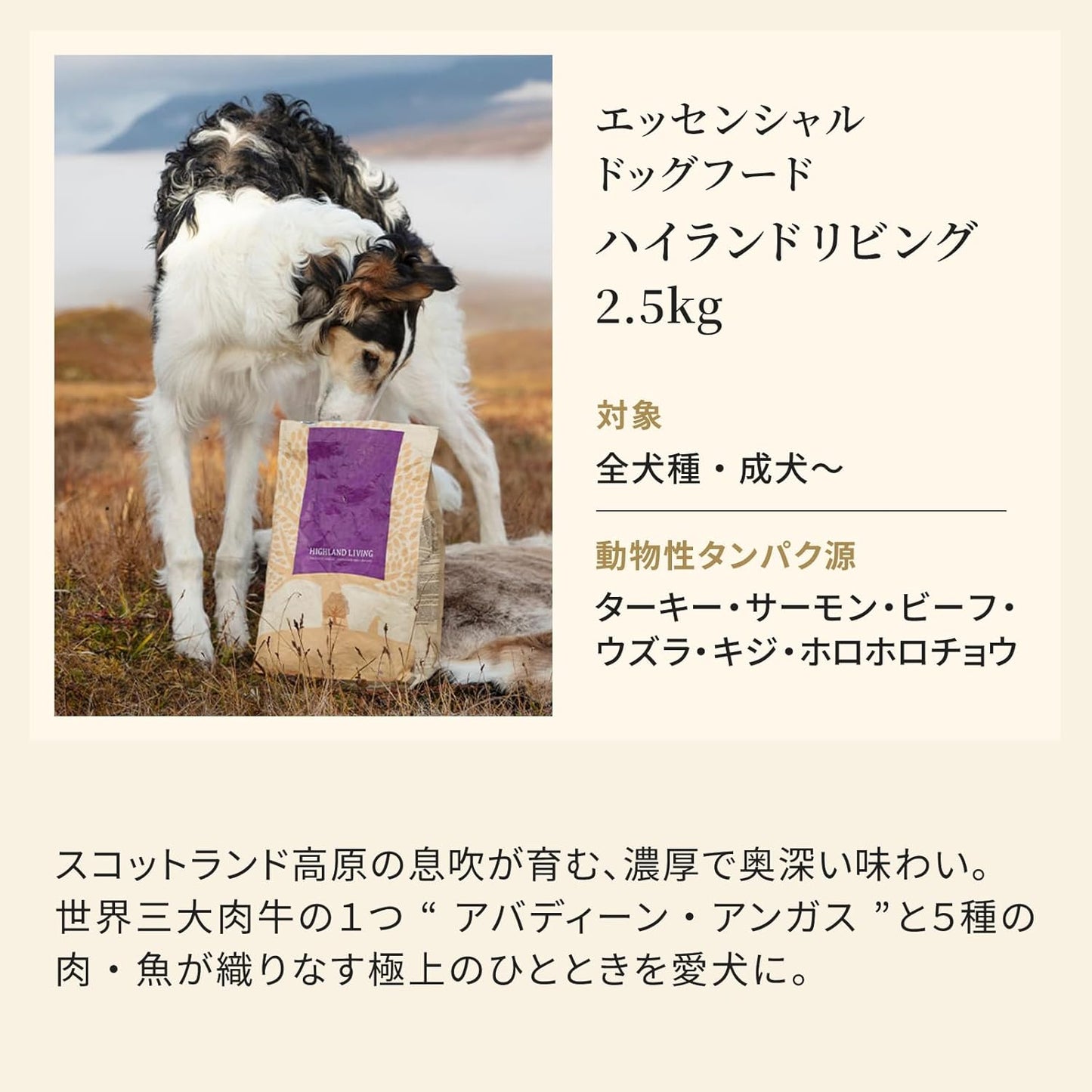 エッセンシャル ドッグフード ハイランドリビング 2.5kg 全犬種 成犬～ グレインフリー ヒューマングレード （香料・着色料不使用） ターキー サーモン ビーフ ドライ フード 【ESSENTIAL FOODS】 EDFH