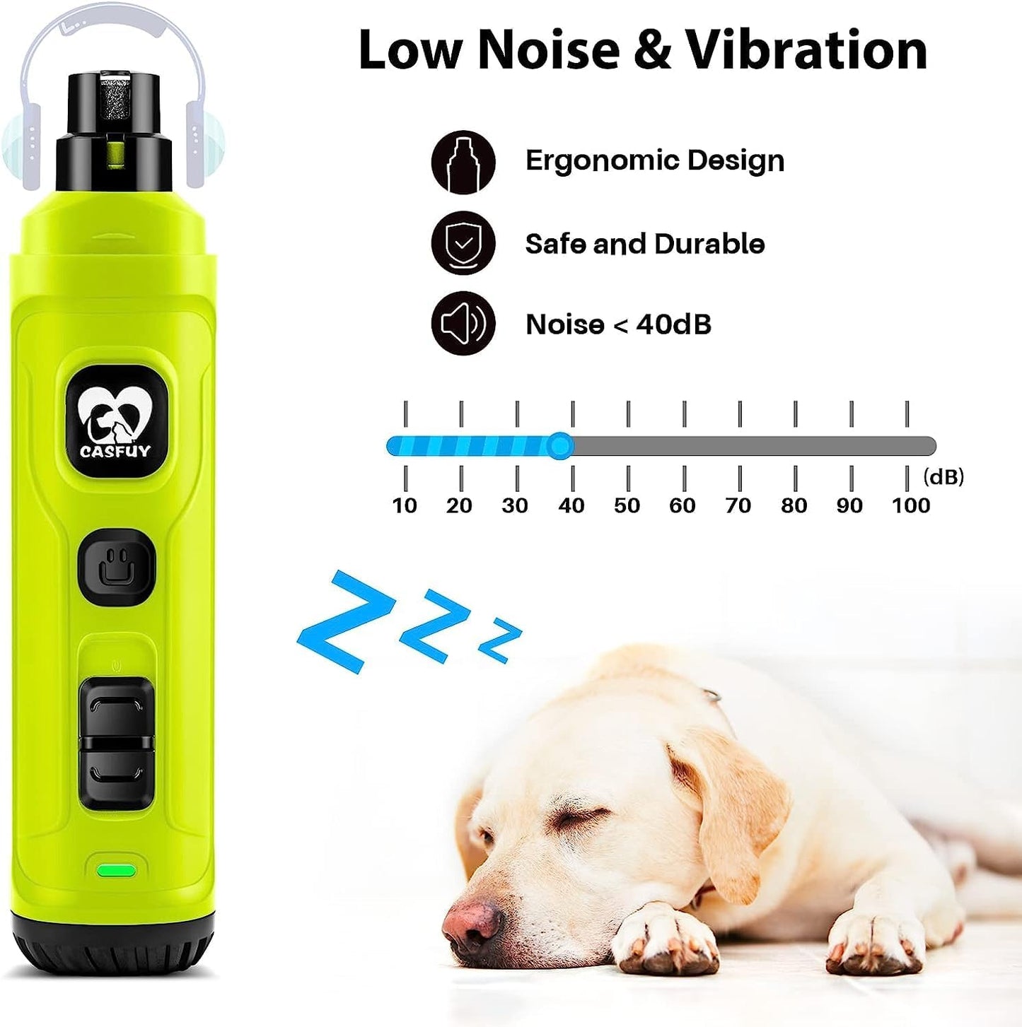 Casfuy犬爪切り電動ー 2つのLEDライト付き - 新バージョン 2スピード 強力な電動ペット用爪切り プロフェッショナル 静かで痛みのない足のグルーミングとスムージング 小中大型犬と猫用