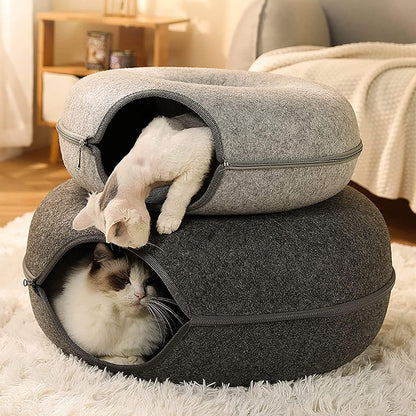 60*28CM 猫ドーナツ 猫用ベッド ねこちぐら キャットドーナツ 猫トンネル 取り外し可能 洗える猫用ベッド 小型犬に適したベッド 屋内用 猫トンネル (グレーL)