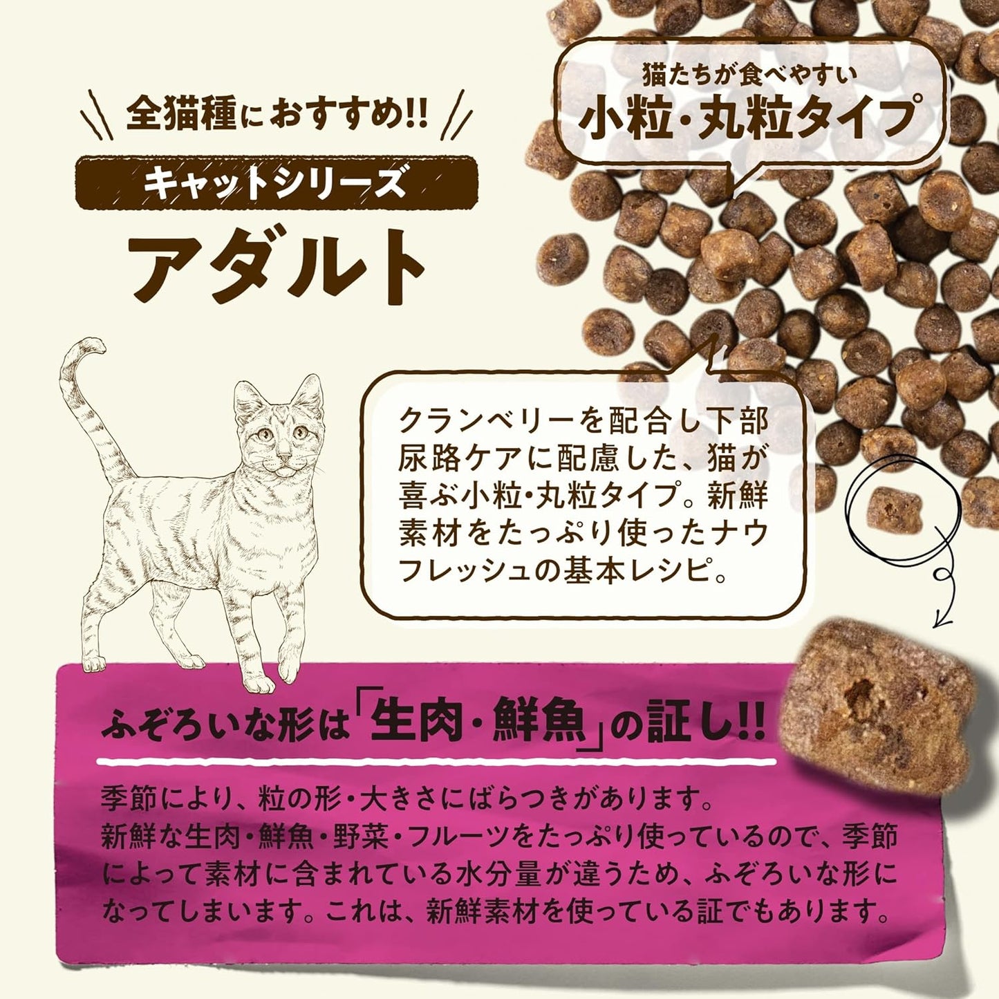 【新鮮な生肉・野菜・フルーツたっぷり!】 ナウフレッシュ 成猫用 丸粒 1.36kg キャットフード (ターキー＆サーモン＆ダック) アダルト グレインフリー ミールフリー NOW FRESH