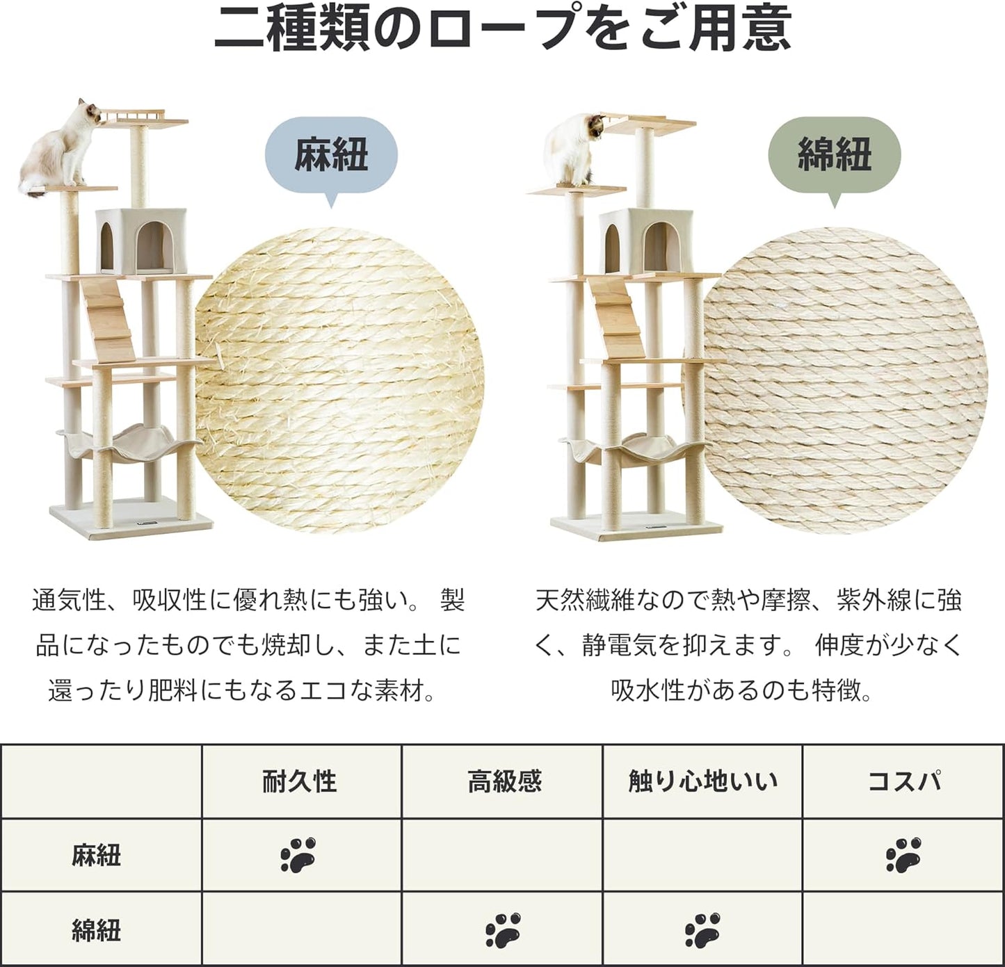 Mwpo キャットタワー 木製 キャットタワー シンプル 自然 天然木 人気 ハンモック キャットランド 据え置き スリム設計 2つ高いベッド 多頭飼い (高さ162cm) 綿紐 130Plus