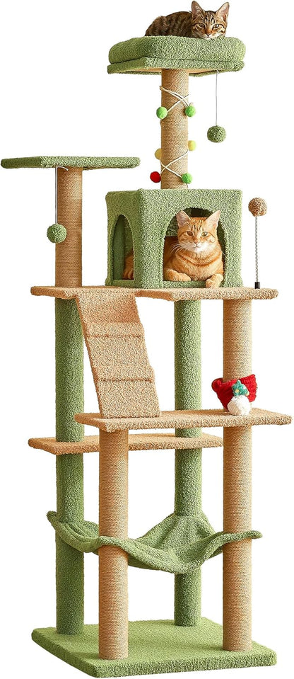 Mwpo キャットタワー クリスマス限定 キャットタワー シンプル 大きいハンモック キャットランド 据え置き スリム設計 ベッド 人気 多頭飼い (高さ162cm) 麻紐 130H