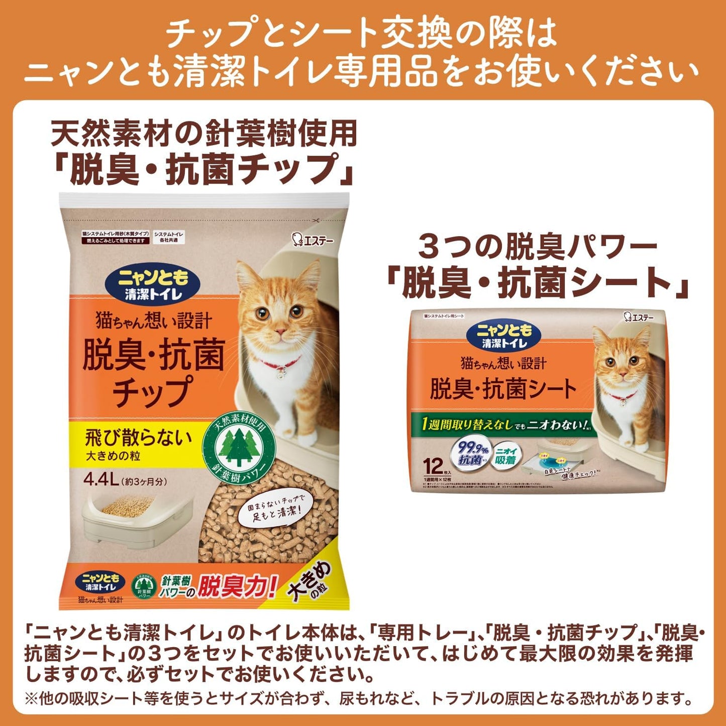 ニャンとも清潔トイレ 猫砂 [天然素材でパワフルに脱臭] 脱臭・抗菌チップ 小さめの粒 2.5L×6個 システムトイレ 猫用 消臭 ネコ砂 (ケース販売)