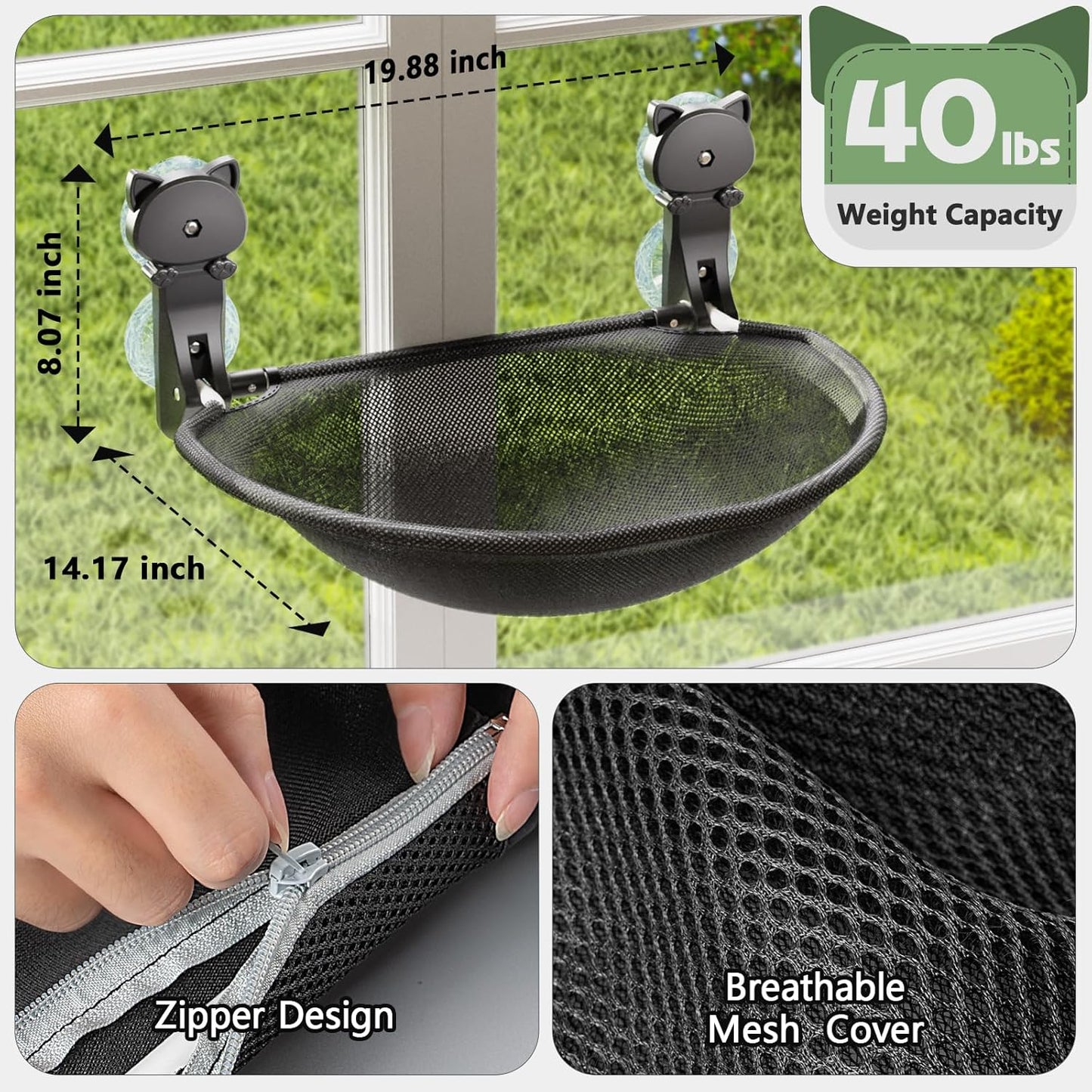 JUNSPOW 猫ハンモック窓用 折りたたみ可能で安定したキャットベッド-窓辺で日光浴やクライミングができる通気性の良い-最大18KGポンドまで保持可能