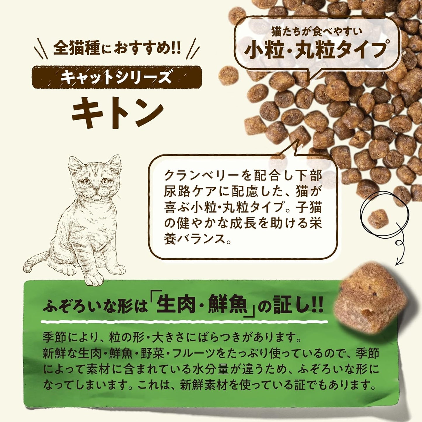 【新鮮な生肉・野菜・フルーツたっぷり!】 ナウフレッシュ 子猫用 丸粒 1.36kg キャットフード (ターキー＆サーモン＆ダック) キトン グレインフリー ミールフリー NOW FRESH